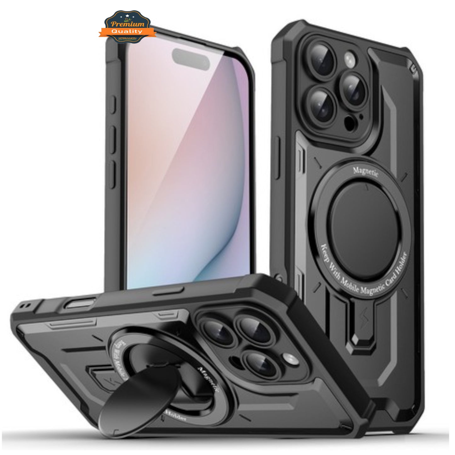 For Apple iPhone 16 (6.1") Hybrid Tuff Case with Folding Stand Magnetic Holder Compatible with MagSafe [Military Shockproof] Case Cover