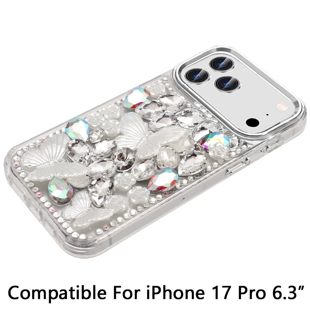 Phone Case for Apple iPhone 17 Pro Luxury 3D Floral Butterfly Bling Rhinestone Glitter Shockproof Stylish Protective Hybrid Designer Metallic Cover