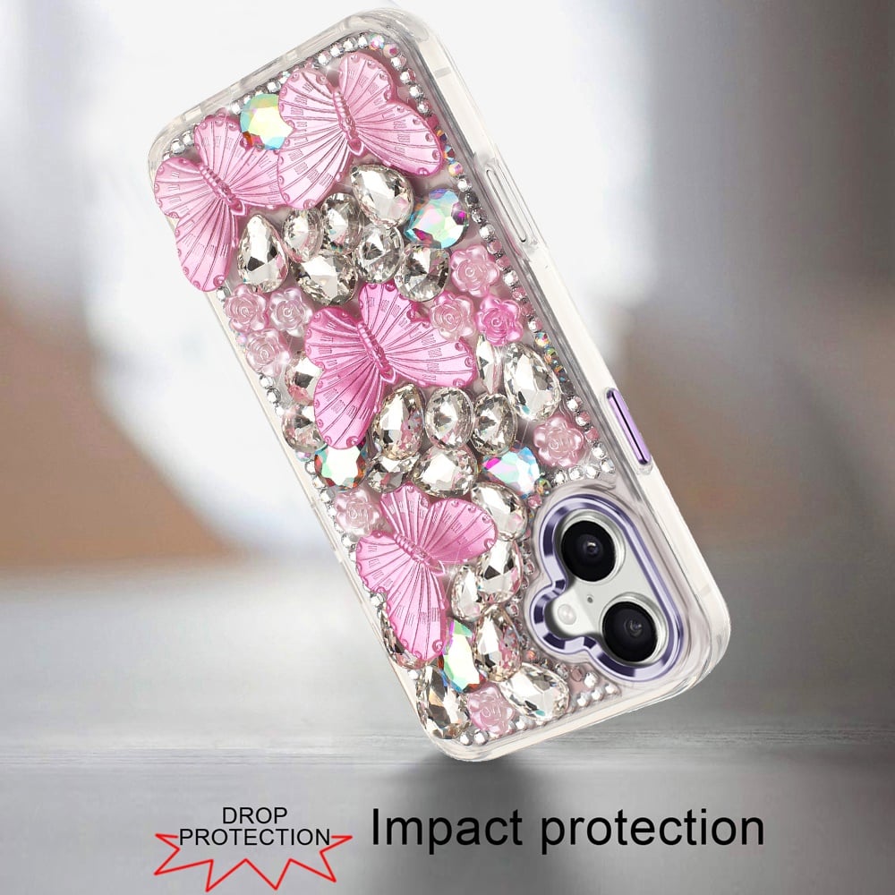 Phone Case for Apple iPhone 17 Luxury 3D Floral Butterfly Bling Rhinestone Glitter Shockproof Stylish Protective Hybrid Designer Metallic Cover Purple