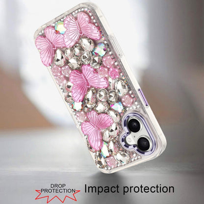 Phone Case for Apple iPhone 17 Luxury 3D Floral Butterfly Bling Rhinestone Glitter Shockproof Stylish Protective Hybrid Designer Metallic Cover Purple