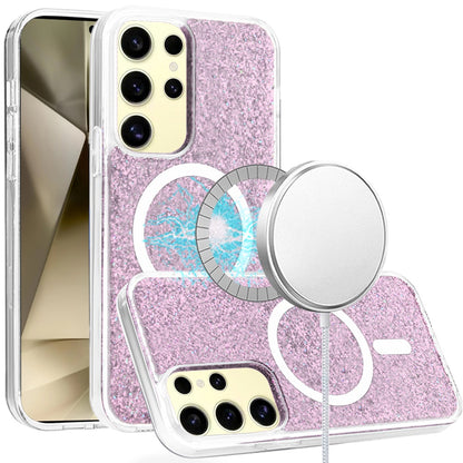 For Samsung Galaxy S25 /S24 Hybrid Epoxy Glitter Shiny Flower Design Stylish Fashion Case, Magnetic MagSafe Compatible, Shockproof Case Cover