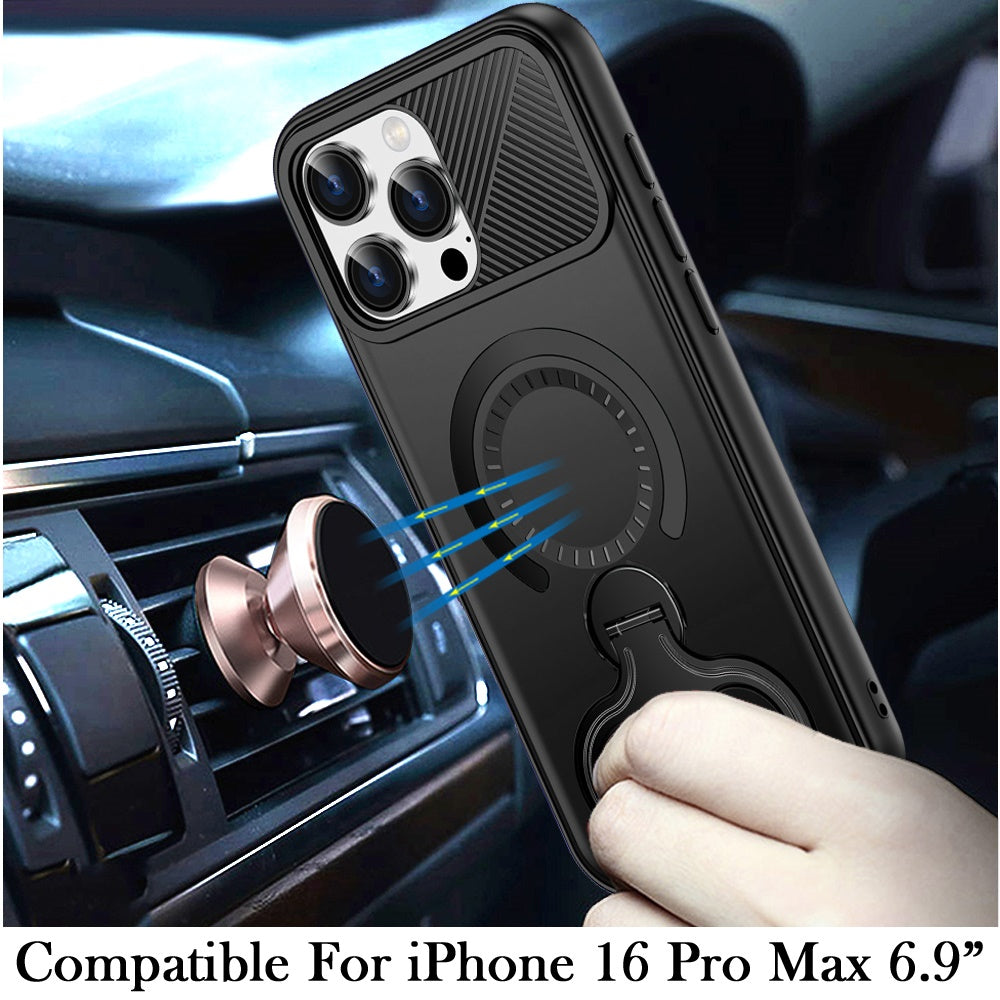 For iPhone 16 Pro Max (6.9") Hybrid with Invisible 2 Hole Ring Stand Magnetic back Car Mount Friendly Protector Protector