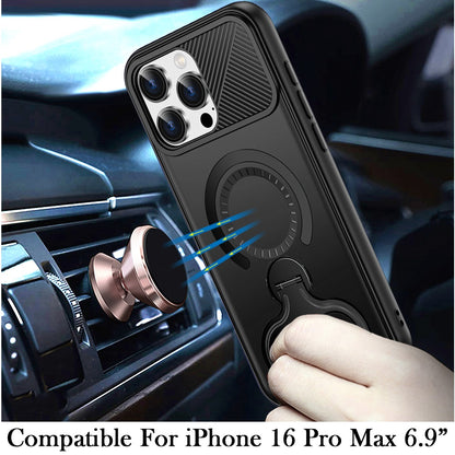 For iPhone 16 Pro Max (6.9") Hybrid with Invisible 2 Hole Ring Stand Magnetic back Car Mount Friendly Protector Protector