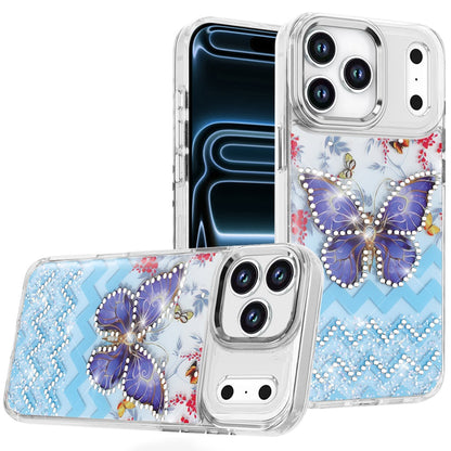 Phone Case for Apple iPhone 17 Pro Max (6.9") Butterfly Resin Epoxy Diamond Bling Metal Edge Shockproof Hybrid Luxury Protective Durable Stylish Fashion Grip Cover Light Blue
