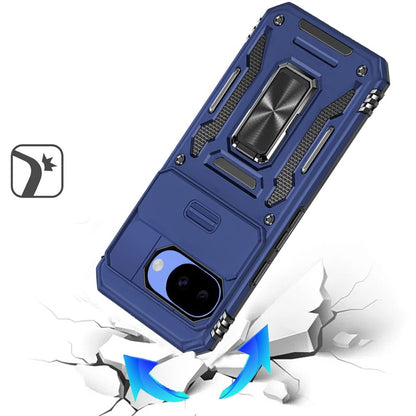Phone Case for Google Pixel 10a Tough Metal Ring Shockproof Sliding Camera Window Hybrid Armor Rugged Anti Slip Heavy Duty Grip Cover Blue