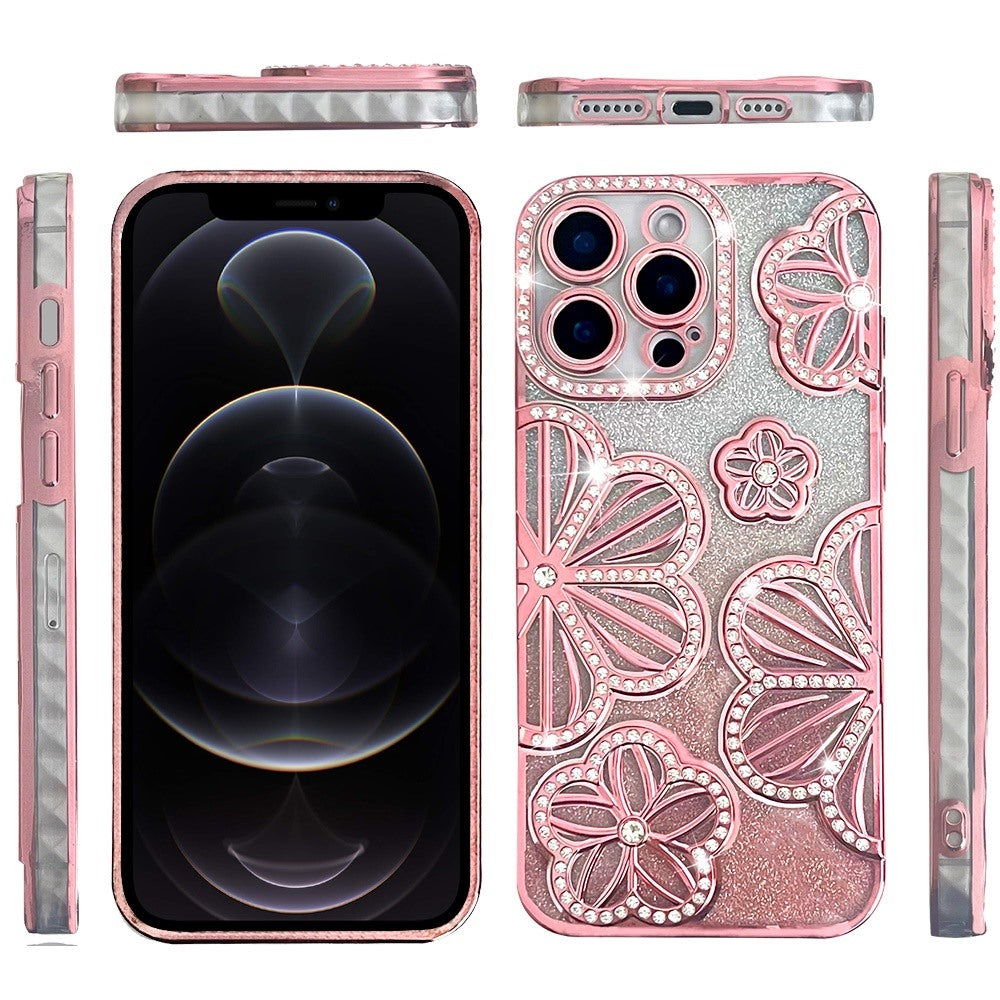 For Samsung Galaxy A26 Luxury Flower Design Sparkle Glitter Diamond Rhinestone Shimmer Bling Plating Thick TPU Hard PC Case Cover Flower Rose Gold