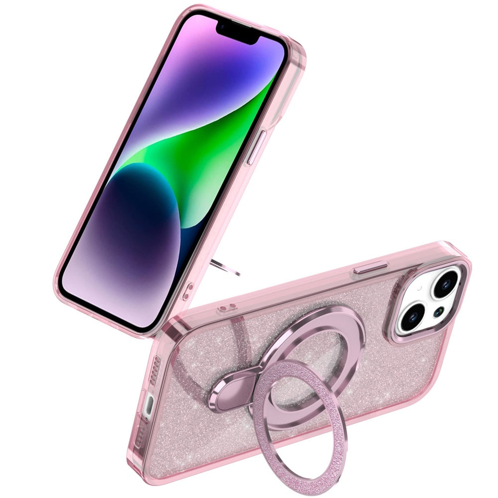 Phone Case for Apple iPhone 14/ iPhone 13 Transparent Glitter Bling Magnetic Ring Stand Shockproof Anti Slip Rotating Grip Protective Hybrid Durable Armor Cover Pink