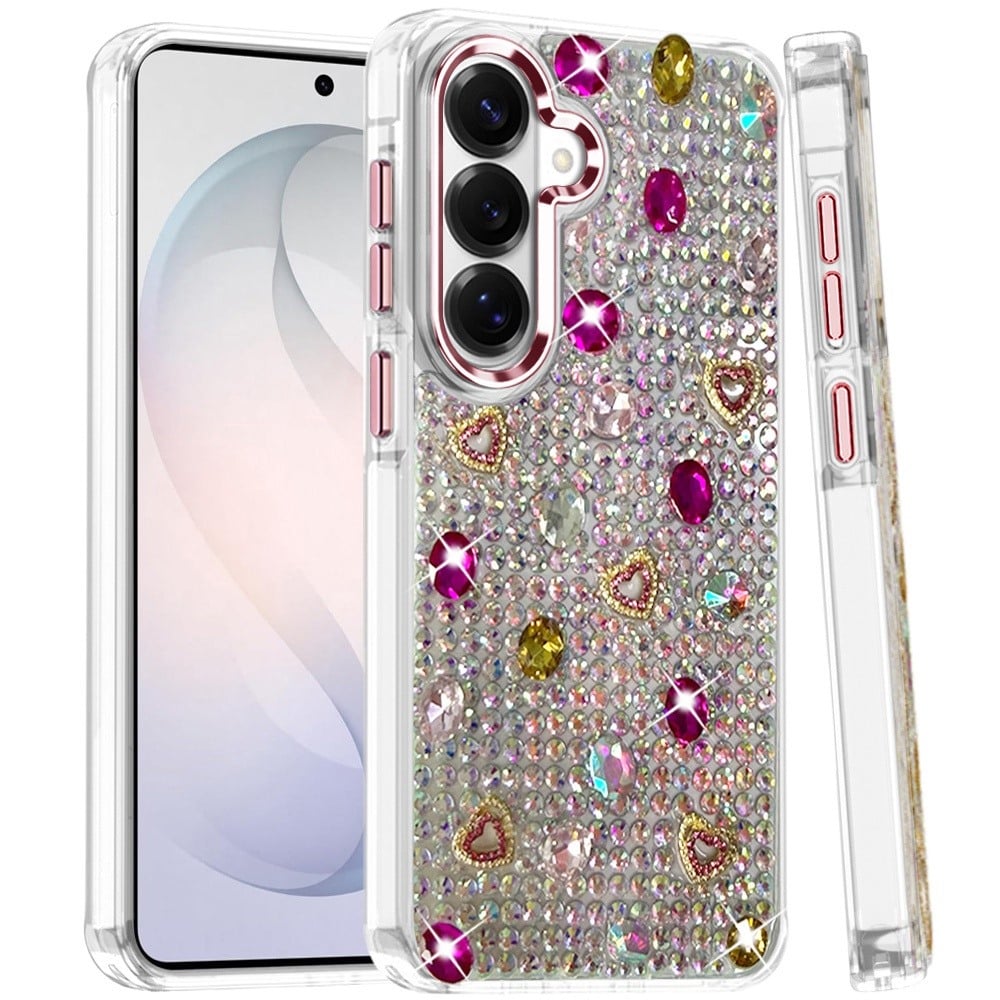 Phone Case for Samsung Galaxy S26 Chrome Fashion Hybrid Bling Diamond Heart Rhinestone Decorative Stones Sparkling Embellished Design Cover