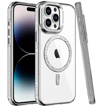 Phone Case for Apple iPhone 14 Pro Max Luxury Diamond Bling Edged Magnetic Glitter Shockproof Hybrid with Camera Kickstand Durable Grip Cover
