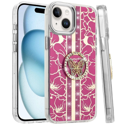 Phone Case for Apple iPhone 15 Floral Butterfly Ring Stand Glitter Bling Shockproof Hybrid Luxury Fashion Protective Anti Slip Durable Grip Cover