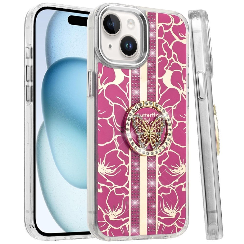 Phone Case for Apple iPhone 15 Floral Butterfly Ring Stand Glitter Bling Shockproof Hybrid Luxury Fashion Protective Anti Slip Durable Grip Cover
