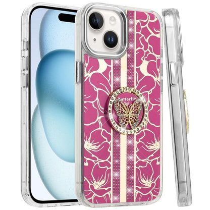 Phone Case for Apple iPhone 15 Floral Butterfly Ring Stand Glitter Bling Shockproof Hybrid Luxury Fashion Protective Anti Slip Durable Grip Cover