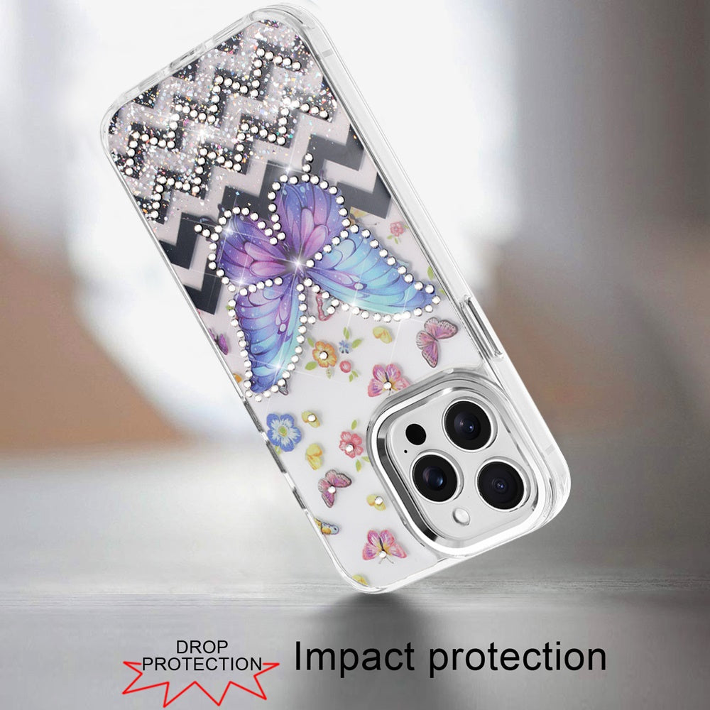 Phone Case for Apple iPhone 13 Pro Max Butterfly Resin Epoxy Diamond Bling Metal Edge Shockproof Hybrid Luxury Protective Durable Stylish Fashion Grip Cover