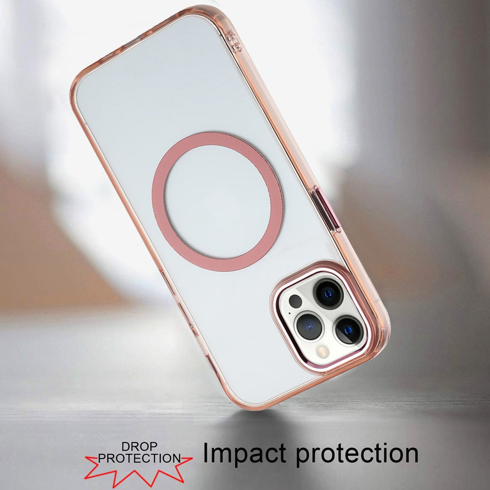 For Apple iPhone 11 Pro Max Transparent Back Hybrid Case - Magnetic Circle, Color Frame, Metal Buttons, MagSafe Compatible Case Cover