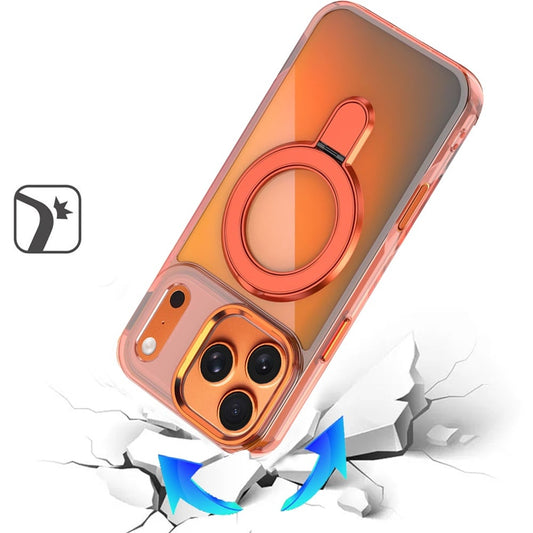 For Apple iPhone 17 Pro (6.3") Chrome Hybrid with Rotating Magnetic Circle Ring Stand, Slim Shockproof Hybrid Case Cover Cosmic Orange