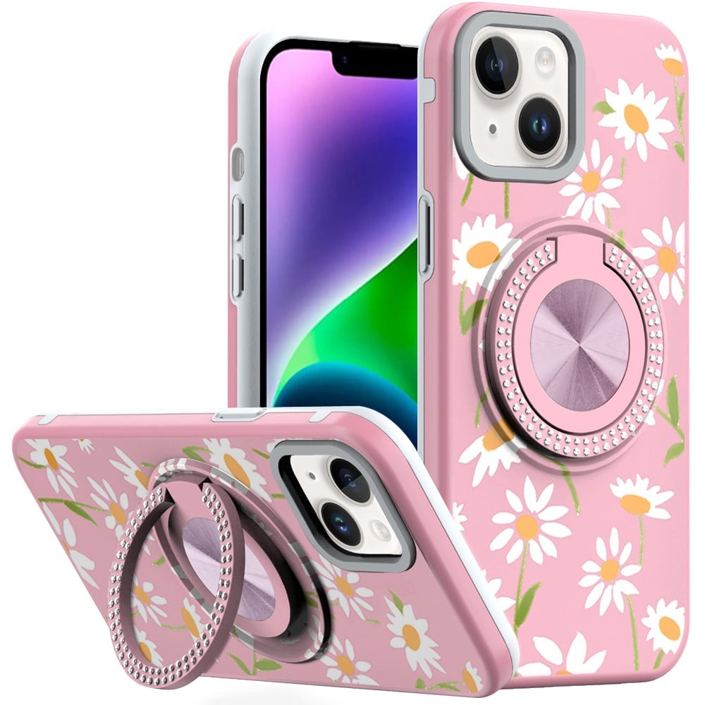 Phone Case for Apple iPhone 14/13 Magnetic Ring Stand Matte Metal Hybrid Car Mount Friendly Shockproof Rotational Grip Diamond Design Pattern Cover
