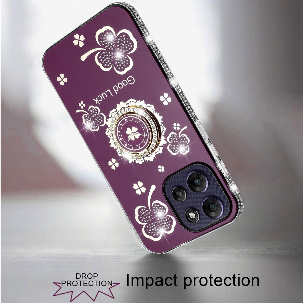 Phone Case for Motorola Moto G Power 5G 2026 /2025 Glitter Diamond Ring Stand Sparkle Rhinestone Edge AntiSlip Kickstand Luxury Fashion Bumper Shockproof Cover Purple