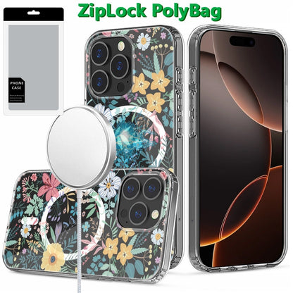 For Apple iPhone 16 Pro Hybrid Flower Design Stylish Fashion Case, MagSafe Compatible, Thick Shockproof Hard PC Case Cover Wildflower