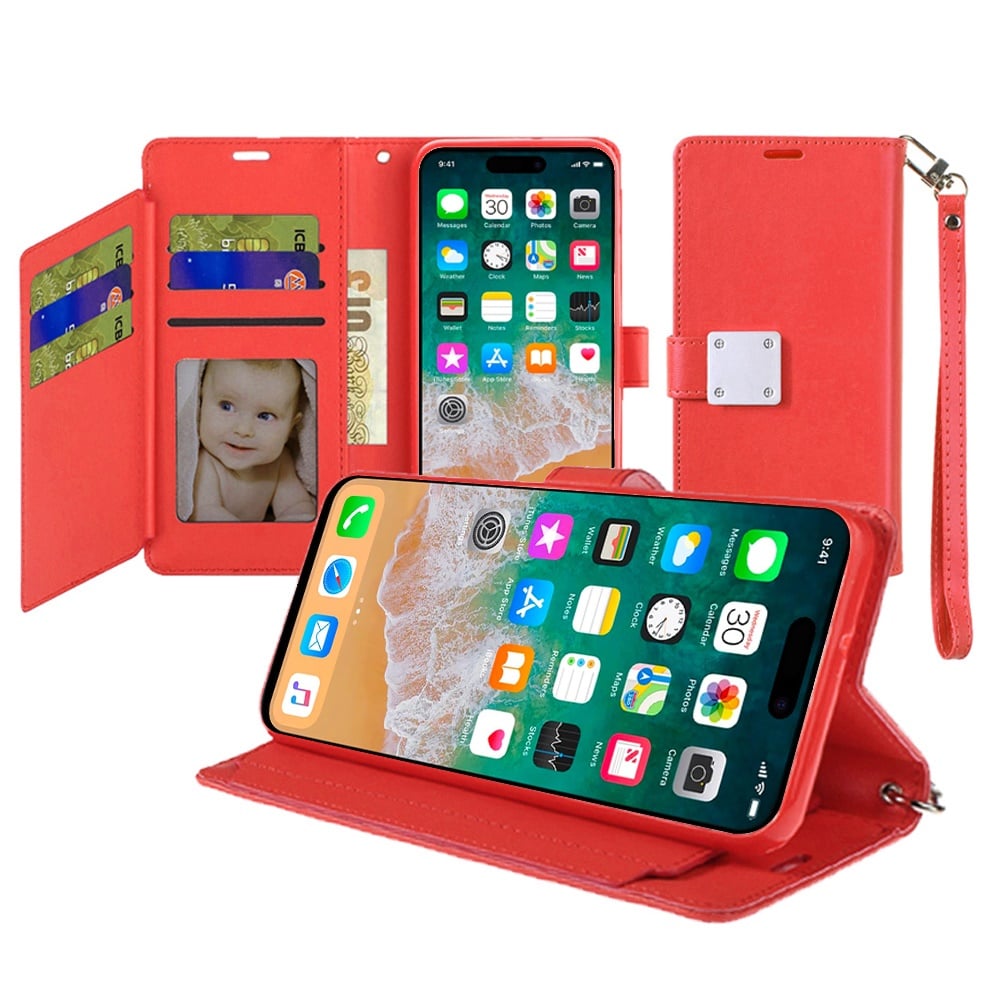 For Apple iPhone 16 Plus Wallet Cases PU Leather with Credit Card /ID /Cash Holder Slot Dual Flip Book Pouch, Stand and Strap Case Cover Red
