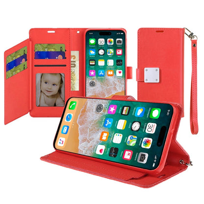 For Apple iPhone 16 Plus Wallet Cases PU Leather with Credit Card /ID /Cash Holder Slot Dual Flip Book Pouch, Stand and Strap Case Cover Red