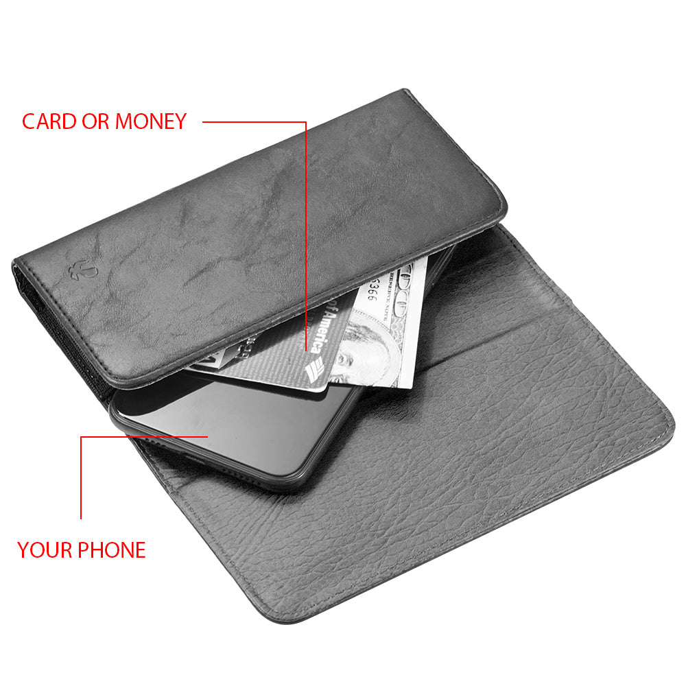 For Apple iPhone 16 Pro (6.3") Universal Horizontal Leather Phone Case with Embossed American Eagle Pouch Belt Clip Holster & Magnetic Pouch [Black]