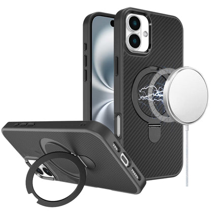 For Apple iPhone 16e (E edition) Hybrid Carbon Fiber Design with MagSafe Compatible [Magnetic Circle], Ring Stand Shockproof Slim TPU Case Cover