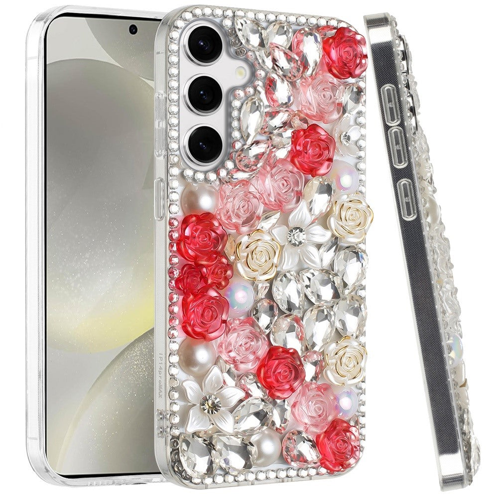 For Samsung Galaxy S25 /S24 Fashion Rose Flower Floral, 3D Bling Crystal Full Diamonds Pearl Sparkle Rhinestone Glitter Hybrid Case Cover
