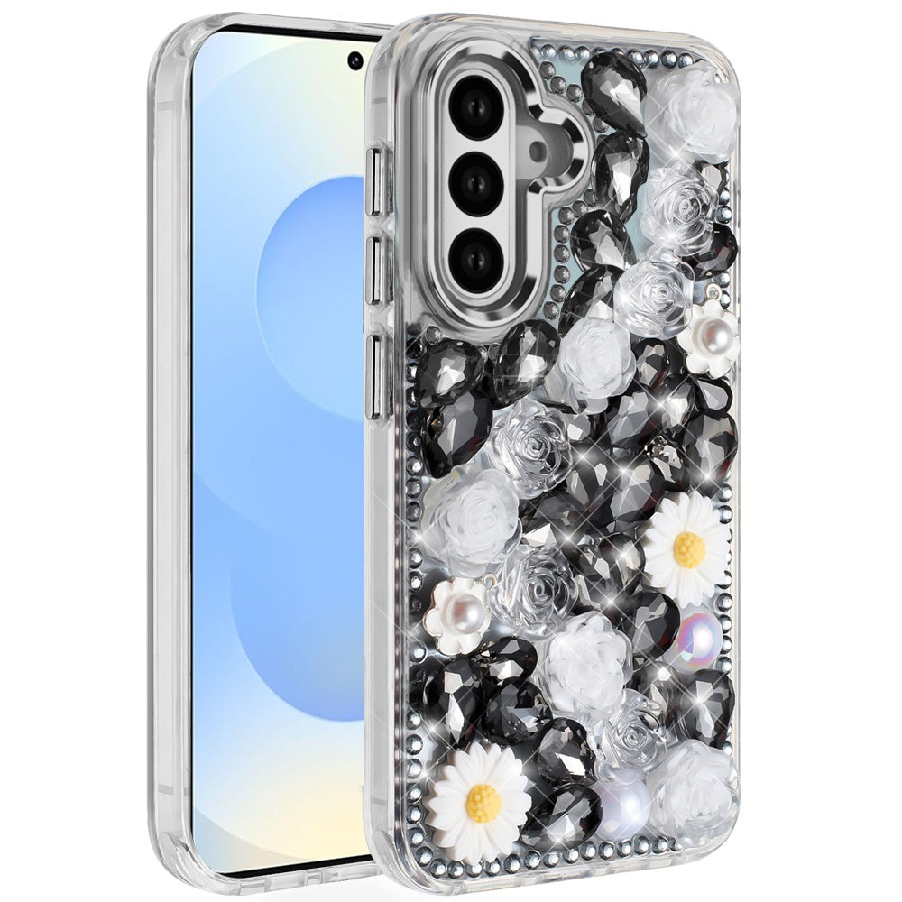 For Samsung Galaxy S25 /S24 Fashion Daisy Floral Series, Full 3D Bling Crystal Diamonds Sparkling Rhinestone Glitter Hybrid Design Case Cover