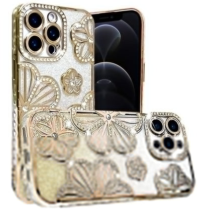 For Apple iPhone 12 Pro Max Luxury Flower Design Sparkle Glitter Diamond Rhinestone Shimmer Bling Plating Thick TPU Hard PC Case Cover