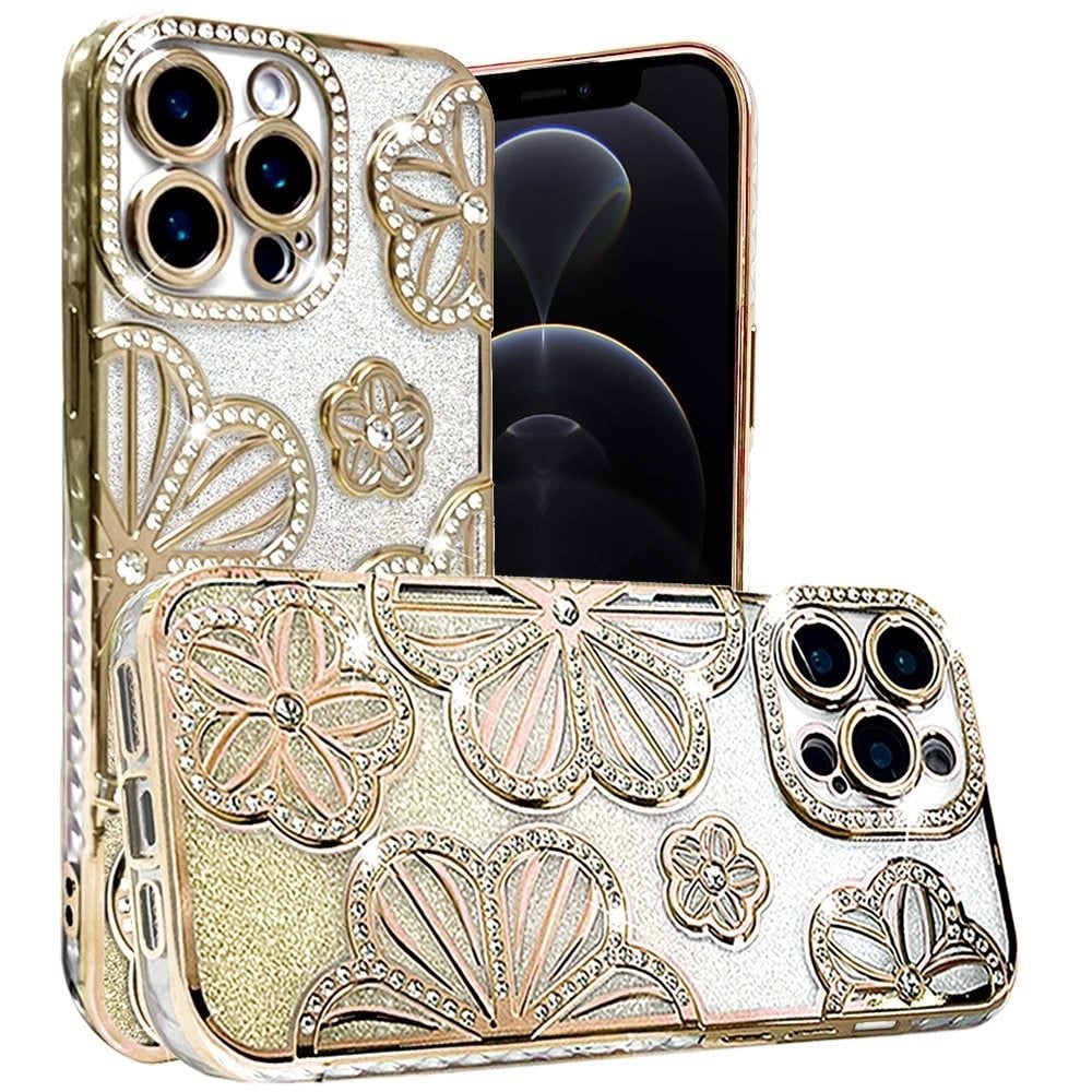 For Apple iPhone 12 Pro Max Luxury Flower Design Sparkle Glitter Diamond Rhinestone Shimmer Bling Plating Thick TPU Hard PC Case Cover
