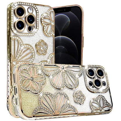 For Apple iPhone 12 Pro Max Luxury Flower Design Sparkle Glitter Diamond Rhinestone Shimmer Bling Plating Thick TPU Hard PC Case Cover
