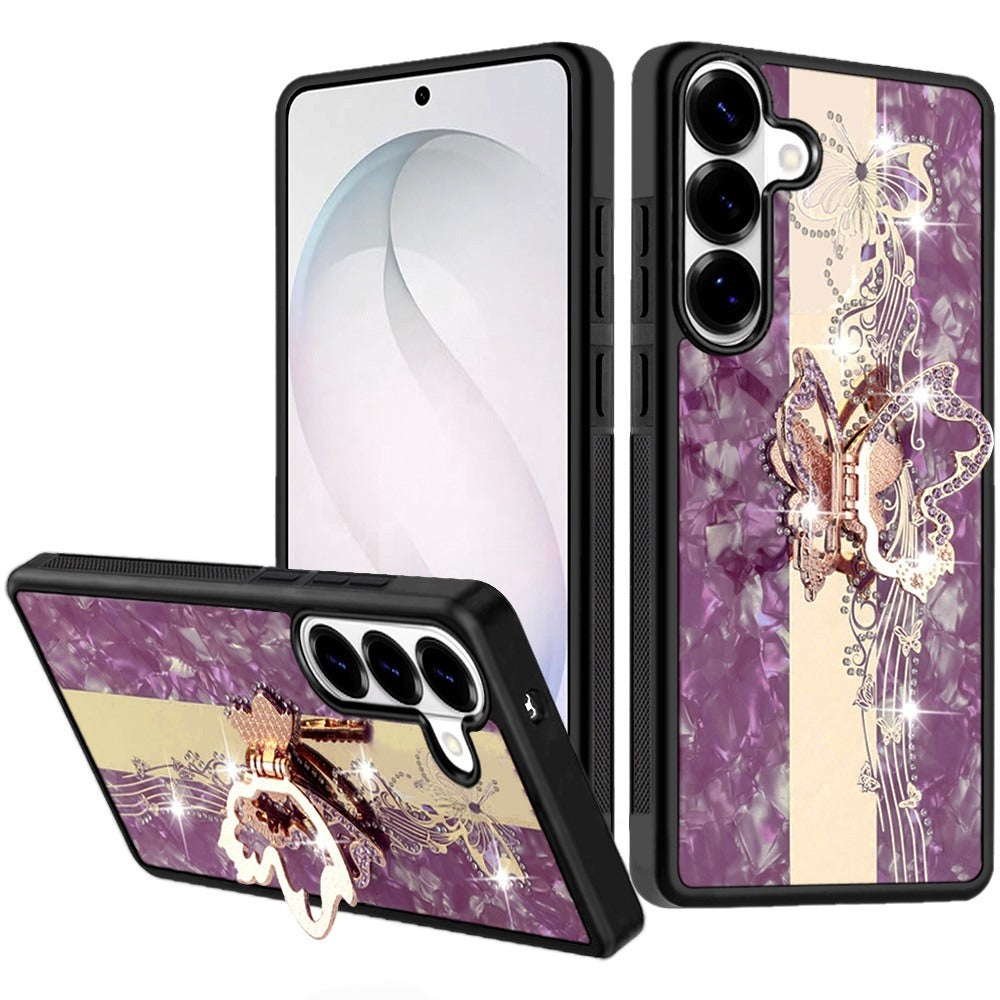 Phone Case for Samsung Galaxy S26+ / S26 Plus Diamond 3D Fashion Floral Glitter Engraved Luxury Bling Hybrid Shockproof Chrome Edge Protective Grip Cover Purple