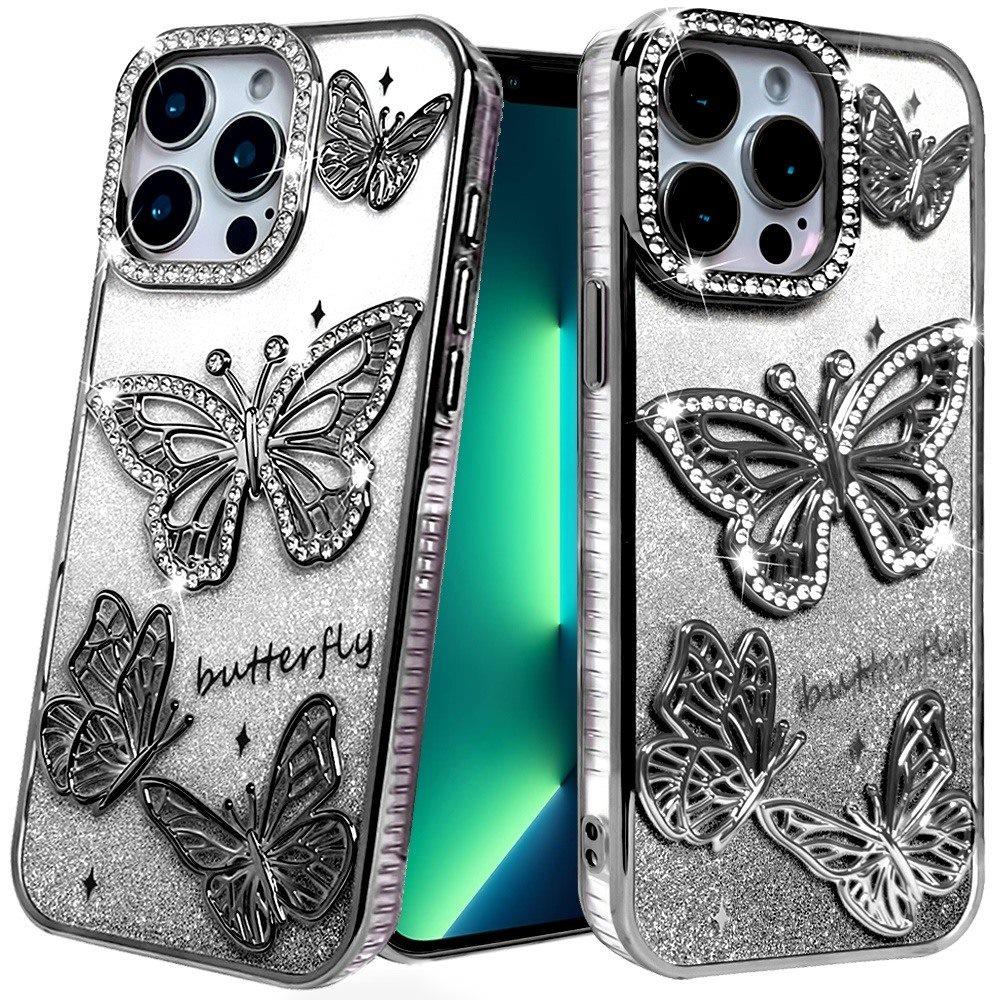 For Apple iPhone 13 Pro Max Luxury Butterfly Sparkle Glitter Diamond Crystal Rhinestone Shimmer Bling Plating Thick TPU Hard PC Case Cover