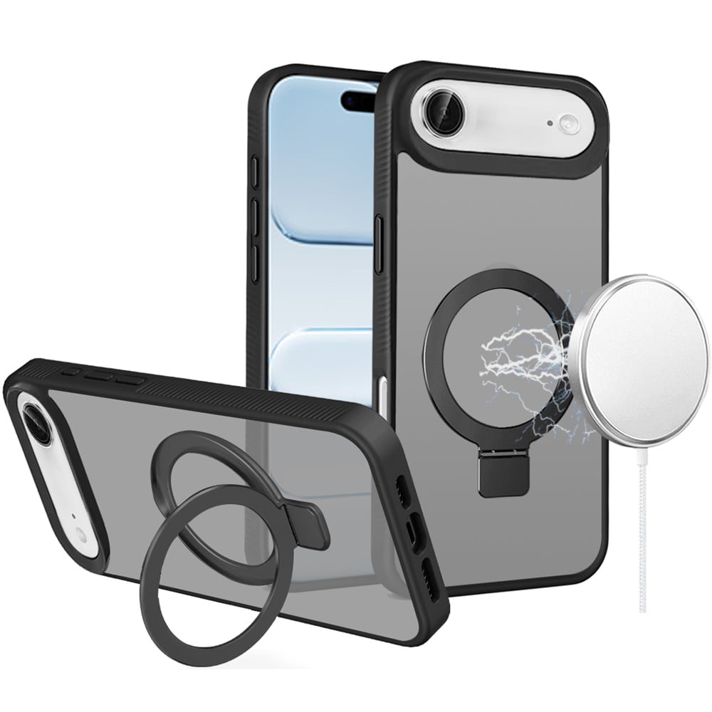 For Apple iPhone 17 (6.3") Magnetic Circle Kickstand with MagSafe Compatibility, Matte Skin, Rugged Bumper, and Ring Holder Case Cover Black