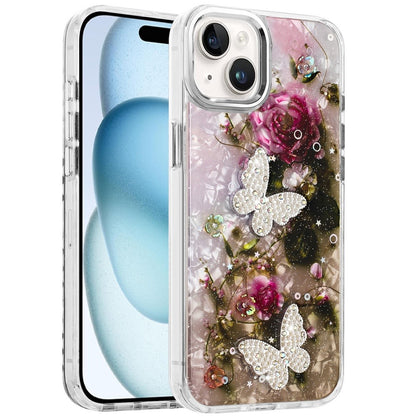 For Apple iPhone 15 Plus /14 Plus Epoxy Glitter Flowers Bling 3D Butterfly Fashion TPU Hybrid with Shockproof Protection Case Cover