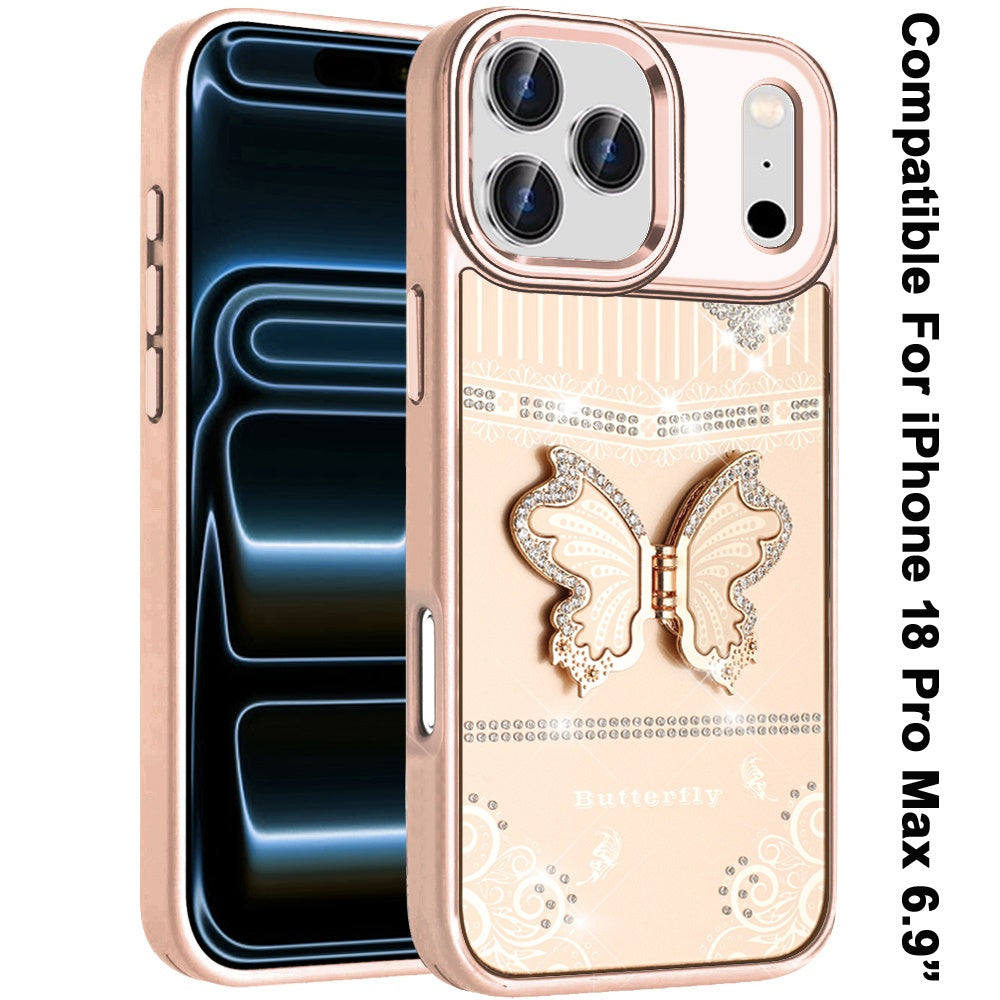 Phone Case for Apple iPhone 18 Pro Max Glitter Bling Butterfly Stand Metallic Edge Hybrid Shockproof Grip Durable Camera Protection Stylish Design Cover