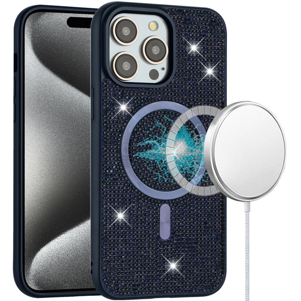 Phone Case for Apple iPhone 15 Pro Max Magnetic Bling Diamond Sparkle Hybrid Shockproof Rugged Grip Durable Protection Anti-Slip Armor Design Cover Blue