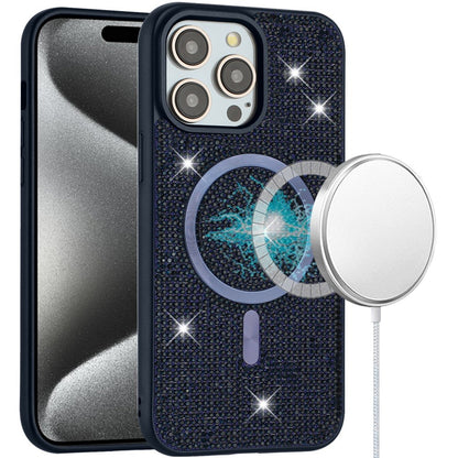 Phone Case for Apple iPhone 15 Pro Max Magnetic Bling Diamond Sparkle Hybrid Shockproof Rugged Grip Durable Protection Anti-Slip Armor Design Cover Blue