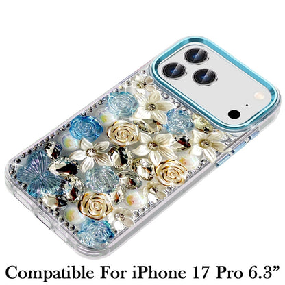 Phone Case for Apple iPhone 17 Pro Luxury Rose Bling Rhinestone Glitter Floral Hybrid Shockproof Stylish Protective Designer Ornament Sparkle Cover