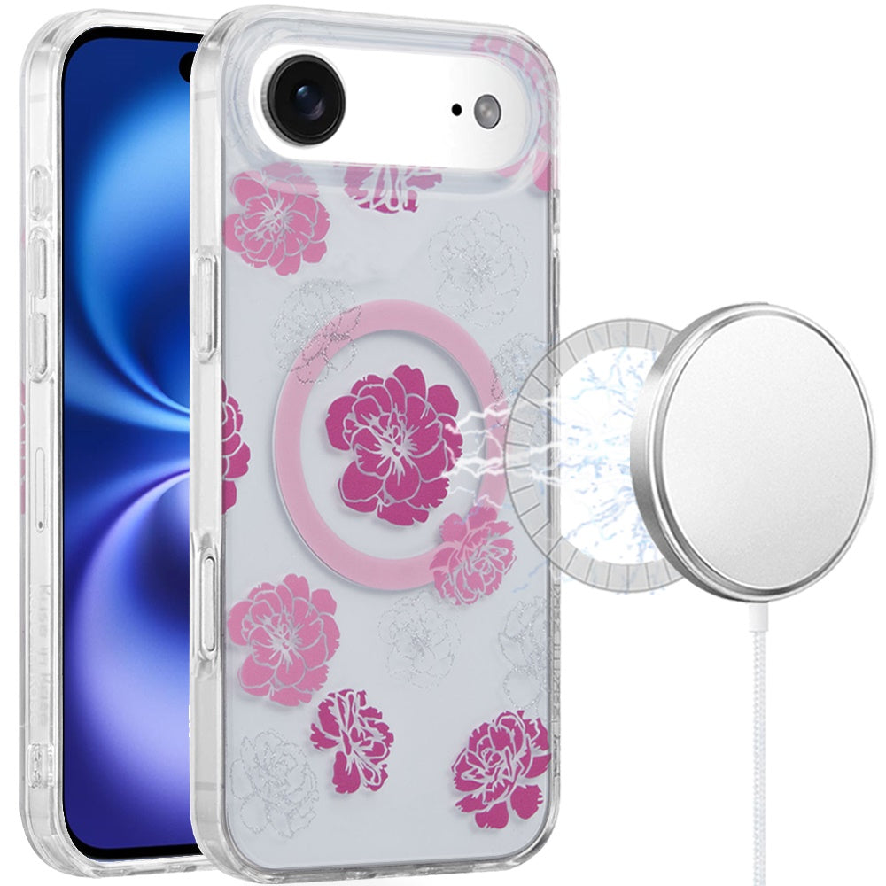 For Apple iPhone 17 Pro Stylish Pattern Fashion IMD Printed Design TPU Double Layer Slim Shockproof with Magnetic Back Case Cover Hot Pink Flower