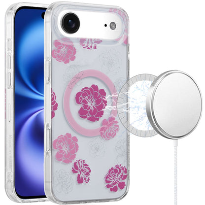 For Apple iPhone 17 Pro Stylish Pattern Fashion IMD Printed Design TPU Double Layer Slim Shockproof with Magnetic Back Case Cover Hot Pink Flower