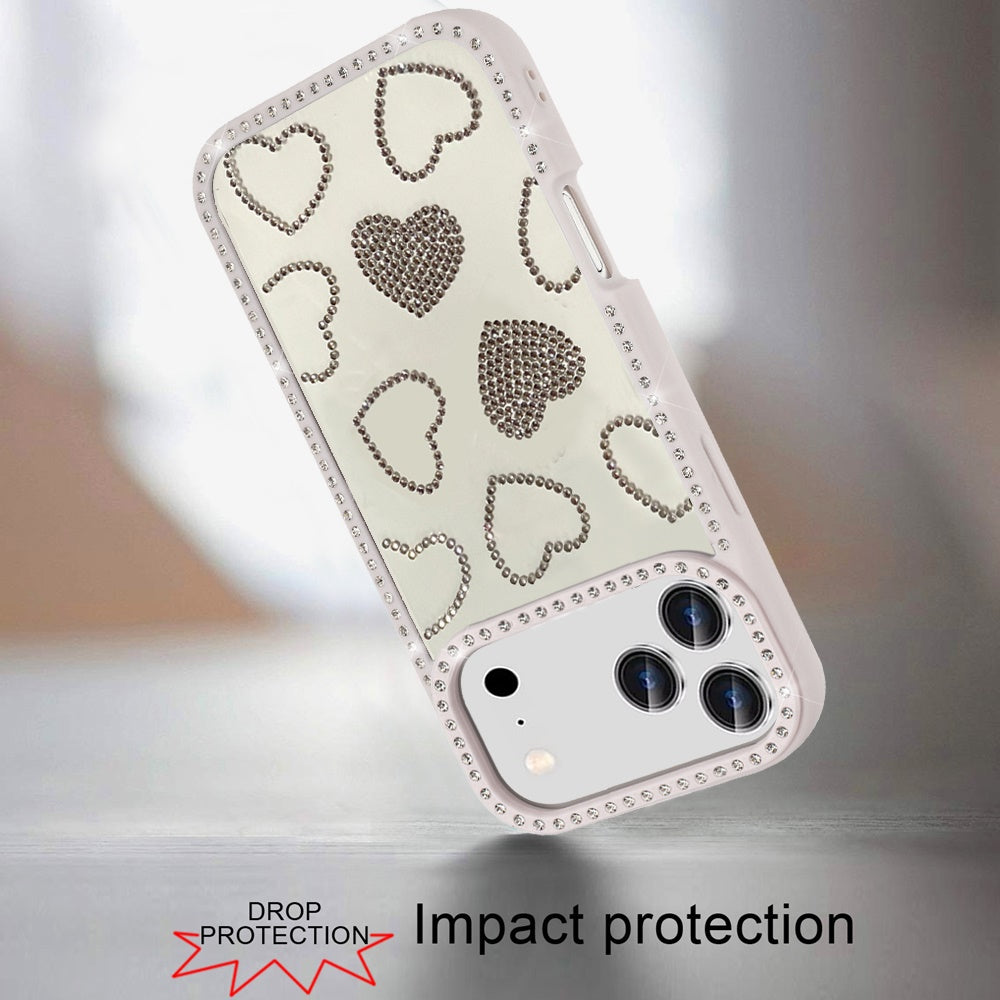 For Apple iPhone 17 Pro Max (6.9") Spread Love Glitter Shimmer Bling Diamond Edge Hybrid Drop Protection Shockproof Design Case Cover Black