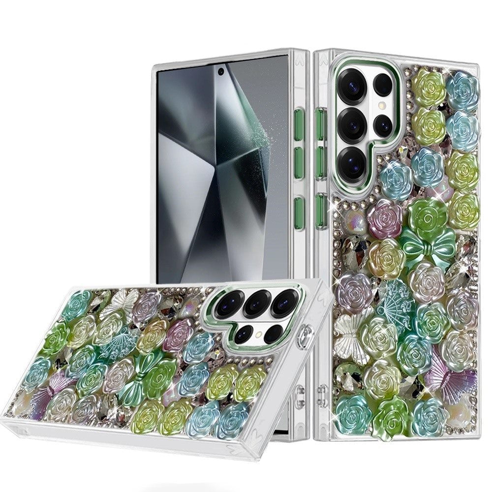 Phone Case for Samsung Galaxy S24 Ultra 3D Flower Bling Rhinestone Glitter Cute Stylish Shockproof Protective Decorative Luxury Grip Stones Ornaments Cover