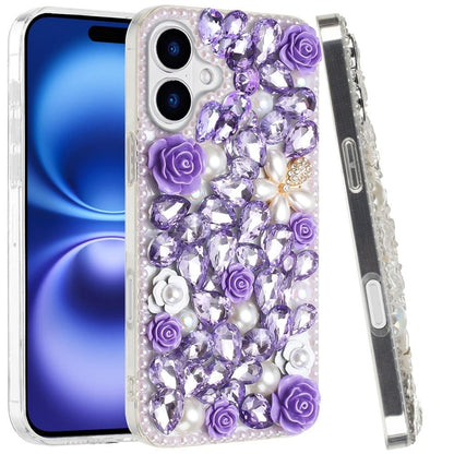 For Apple iPhone 17 (6.3") Fashion Rose Flower Floral, 3D Bling Crystal Full Diamonds Pearl Sparkle Rhinestone Glitter Hybrid Case Cover