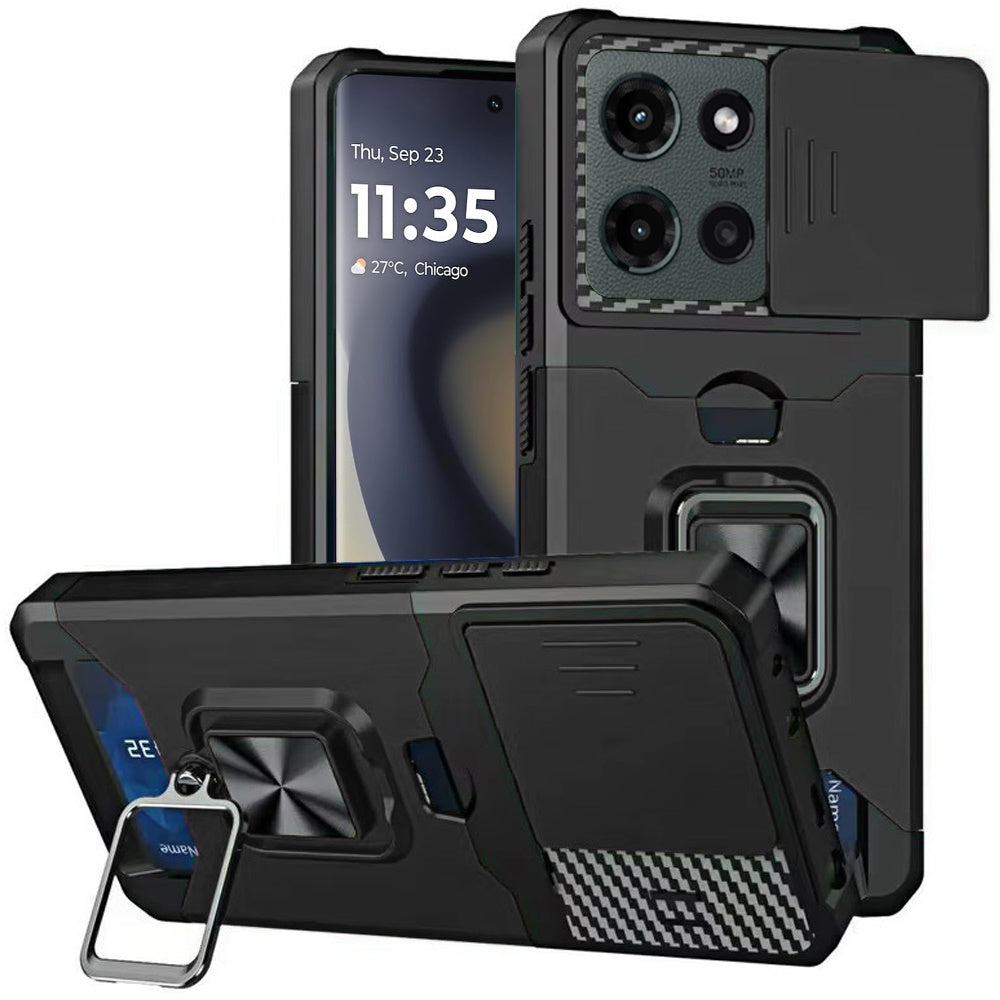 For Motorola Edge 2025 Wallet with Ring Stand & Slide Camera Cover Back Credit Card Slot Holder, Hard Shockproof Case Cover Black