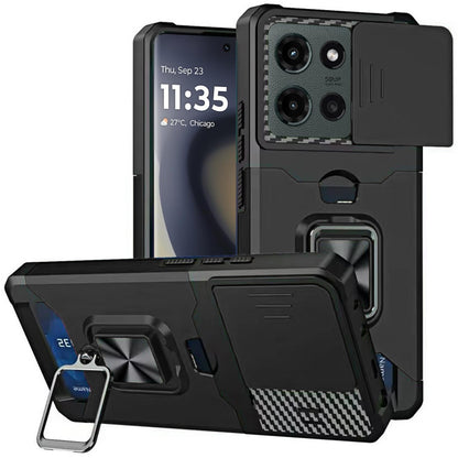 For Motorola Edge 2025 Wallet with Ring Stand & Slide Camera Cover Back Credit Card Slot Holder, Hard Shockproof Case Cover Black