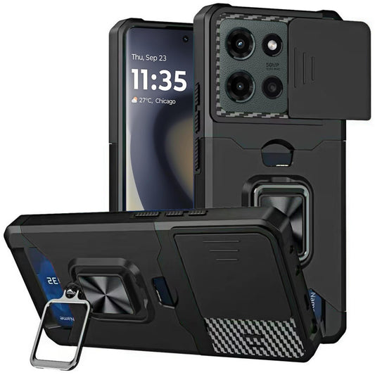 For Motorola Edge 2025 Wallet with Ring Stand & Slide Camera Cover Back Credit Card Slot Holder, Hard Shockproof Case Cover Black