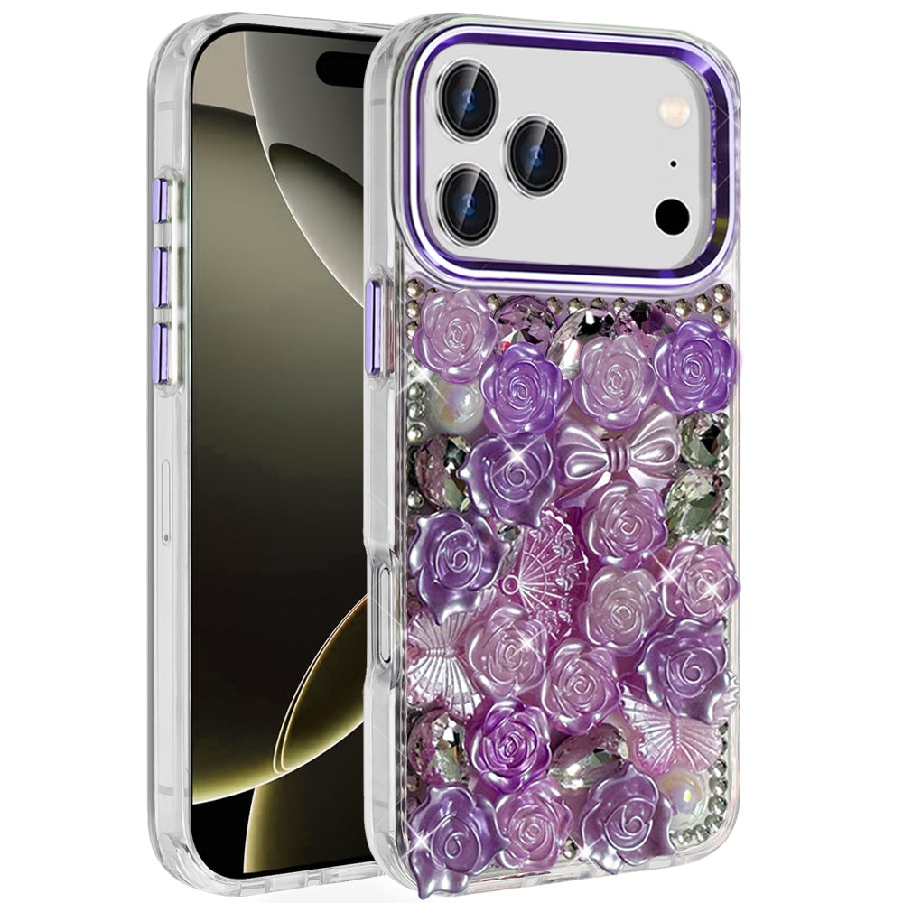For Apple iPhone 17 Pro Max (6.9") Muti-Color Floral Fashion Bling Crystal 3D Full Diamonds Stones Sparkle Rhinestone Glitter Hybrid Case Cover