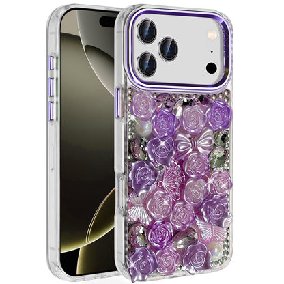For Apple iPhone 17 Pro Max (6.9") Muti-Color Floral Fashion Bling Crystal 3D Full Diamonds Stones Sparkle Rhinestone Glitter Hybrid Case Cover