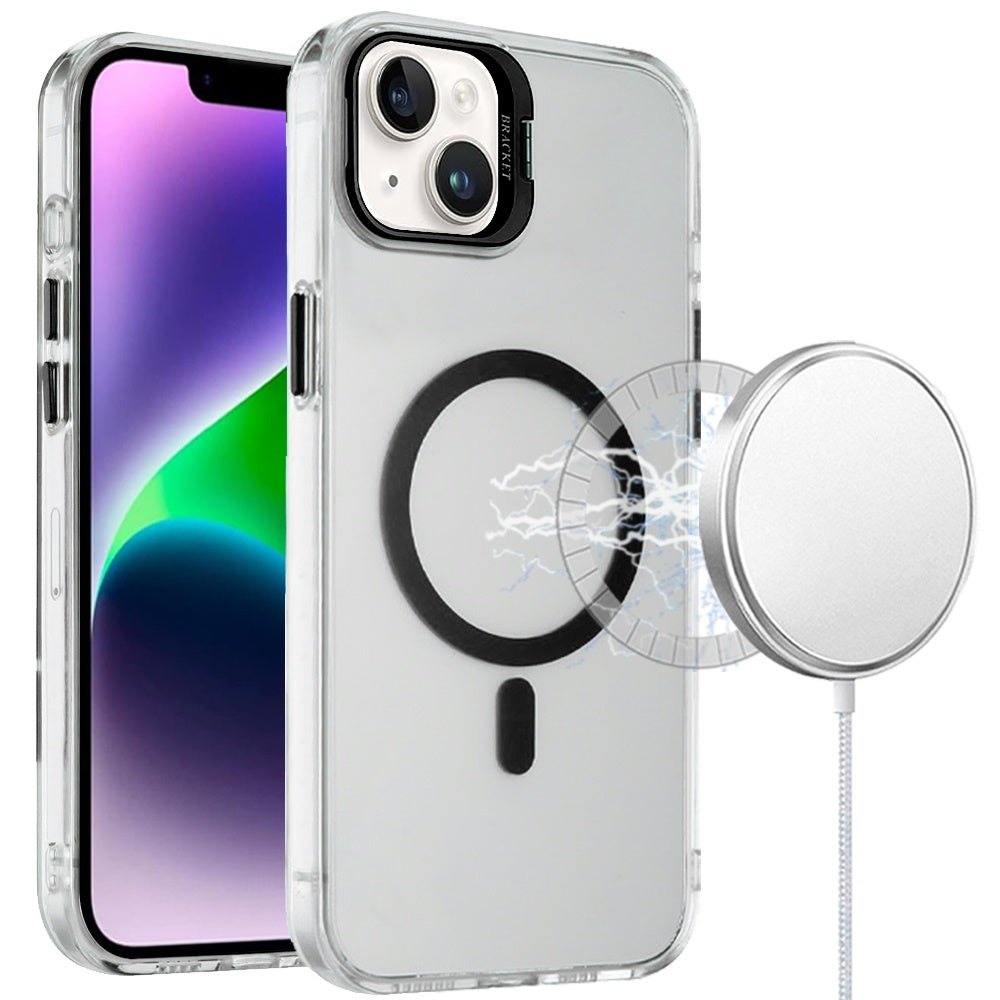 Phone Case for Apple iPhone 14/ iPhone 13 Clear Metallic Camera Stand Magnetic Hybrid TPU Shockproof Grip Camera Protection Kickstand Durable Armor Cover